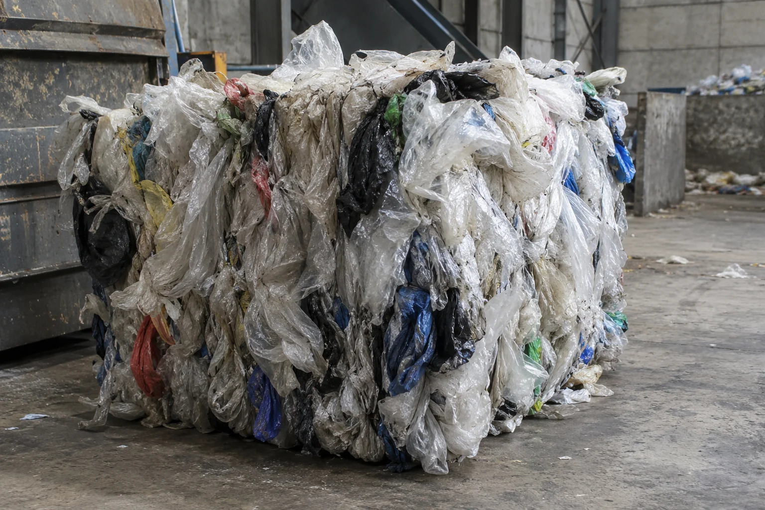 Mixed translucent packaging film gathered in a warehouse sorting area