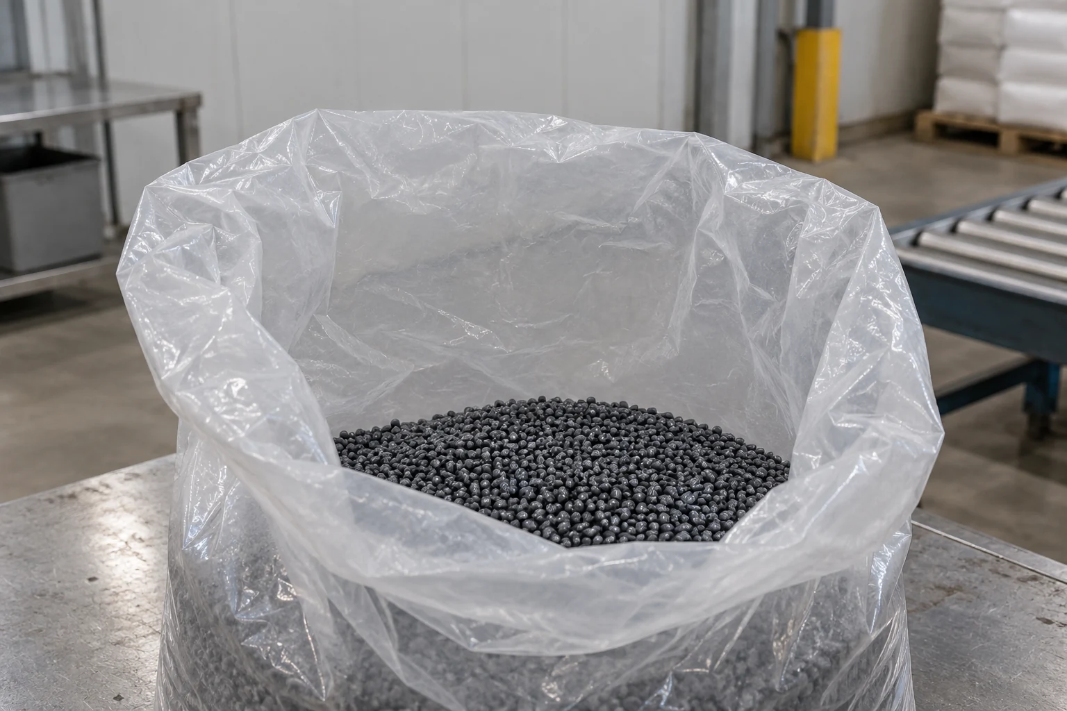 A partly filled translucent pellet sack with empty film above the product