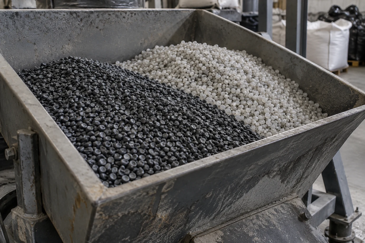 Small dark and pale plastic granules in a steel hopper